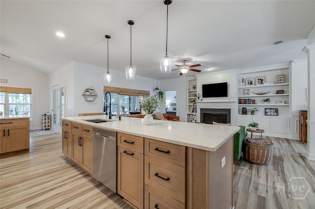 2 Iron Gate Ct, Pooler, GA 31322 - kitchen featuring stainless steel dishwasher, a sink, a fireplace, light wood-type flooring, and recessed lighting