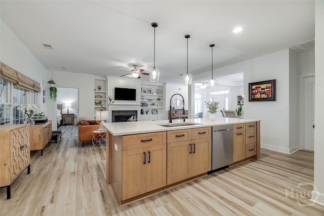 2 Iron Gate Ct, Pooler, GA 31322 - kitchen featuring a sink, stainless steel dishwasher, ceiling fan, open floor plan, and light wood finished floors