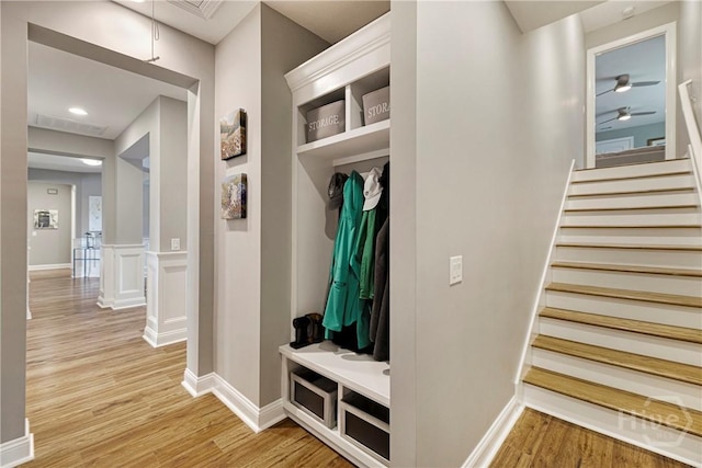 907 Cheryl St, Savannah, GA 31410 - mudroom with light wood-type flooring, a ceiling fan, and attic access