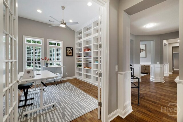 907 Cheryl St, Savannah, GA 31410 - office space featuring built in shelves, a ceiling fan, dark wood finished floors, baseboards, and recessed lighting