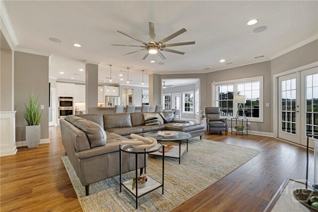 907 Cheryl St, Savannah, GA 31410 - living area featuring ceiling fan, ornamental molding, light wood-type flooring, baseboards, and recessed lighting