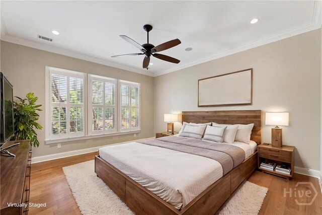 104 Post House Trl, Pooler, GA 31322 - bedroom with light wood finished floors, crown molding, baseboards, recessed lighting, and a ceiling fan
