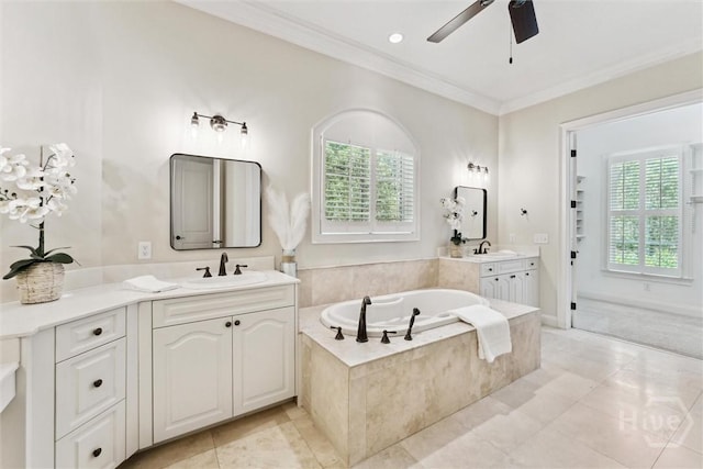 104 Post House Trl, Pooler, GA 31322 - bathroom featuring crown molding, two vanities, a garden tub, a ceiling fan, and tile patterned floors
