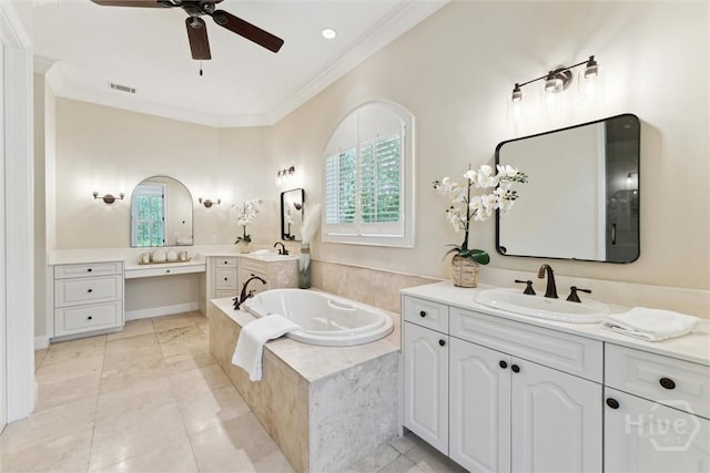 104 Post House Trl, Pooler, GA 31322 - full bath with crown molding, a ceiling fan, a bath, two vanities, and tile patterned floors