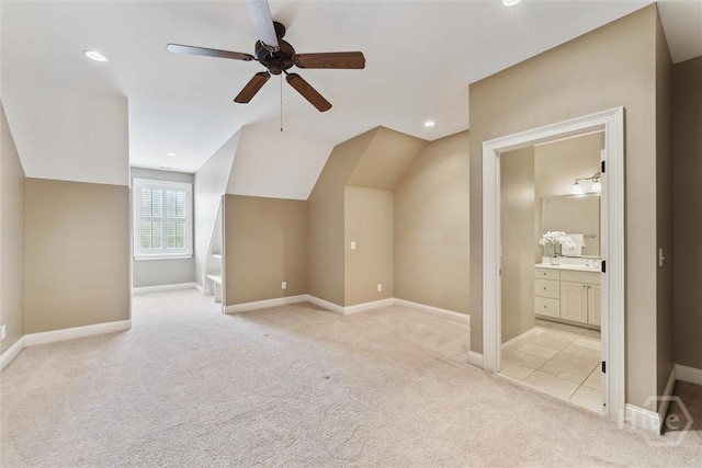 104 Post House Trl, Pooler, GA 31322 - additional living space with light colored carpet, a ceiling fan, baseboards, vaulted ceiling, and recessed lighting