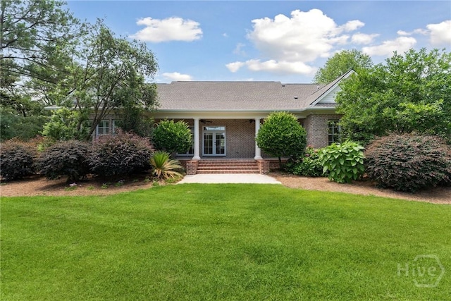 104 Post House Trl, Pooler, GA 31322 - ranch-style house featuring a front lawn, brick siding, a shingled roof, and a porch