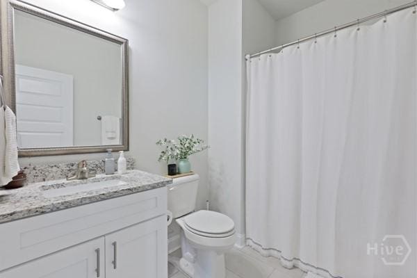 150 Pitch Point Trl, Richmond Hill, GA 31324 - bathroom featuring vanity, toilet, a shower with curtain, and tile patterned floors
