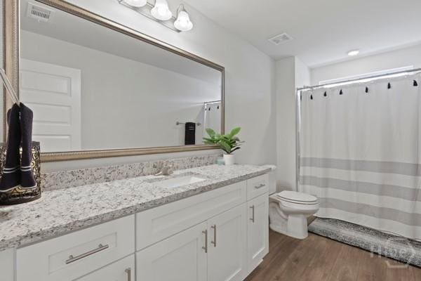 150 Pitch Point Trl, Richmond Hill, GA 31324 - bathroom featuring vanity, toilet, wood finished floors, and a shower with shower curtain