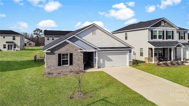 22 Stetson Dr, Savannah, GA 31419 - craftsman-style house featuring brick siding, an attached garage, concrete driveway, a front lawn, and a porch