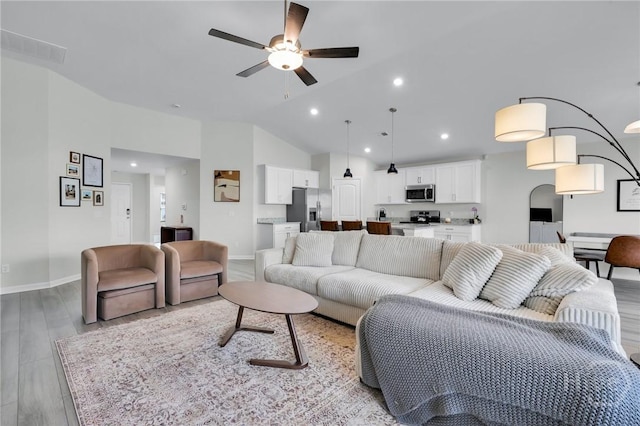 22 Stetson Dr, Savannah, GA 31419 - living room with ceiling fan, lofted ceiling, light wood-style flooring, baseboards, and recessed lighting