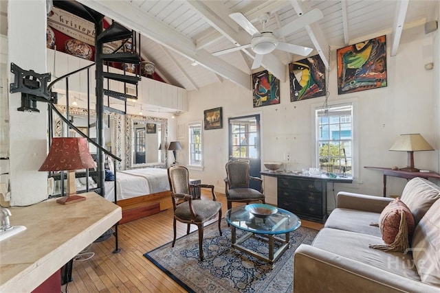 529 E Gordon St, Savannah, GA 31401 - living room with hardwood / wood-style floors, a ceiling fan, high vaulted ceiling, and wood ceiling with exposed beams