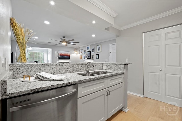 12300 Apache Ave Unit 1719, Savannah, GA 31419 - kitchen with stainless steel dishwasher, a sink, crown molding, light wood-type flooring, and recessed lighting