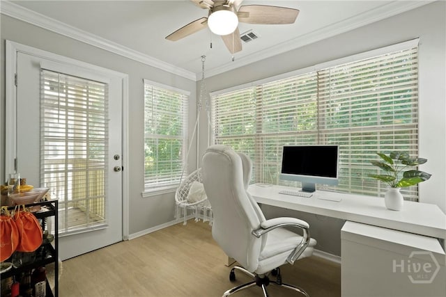 12300 Apache Ave Unit 1719, Savannah, GA 31419 - office featuring light wood-style floors, a ceiling fan, baseboards, and ornamental molding