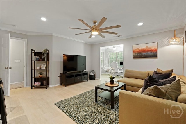 12300 Apache Ave Unit 1719, Savannah, GA 31419 - living room with a ceiling fan, light wood-style floors, recessed lighting, ornamental molding, and baseboards