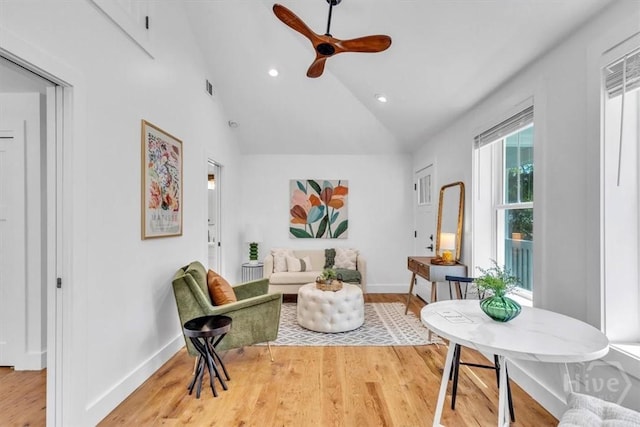 2136 Indiana Ave, Savannah, GA 31404 - living area featuring light wood finished floors, baseboards, recessed lighting, a ceiling fan, and lofted ceiling