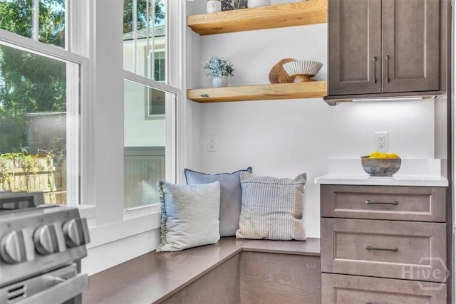 2136 Indiana Ave, Savannah, GA 31404 - kitchen featuring open shelves, stainless steel range oven, plenty of natural light, and dark brown cabinetry