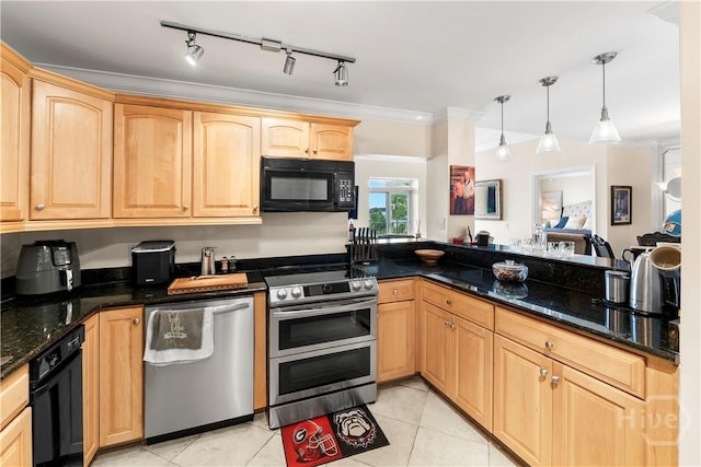 700 Wilmington Island Rd Unit 305, Savannah, GA 31410 - kitchen featuring stainless steel appliances, light tile patterned floors, light brown cabinets, dark stone countertops, and crown molding