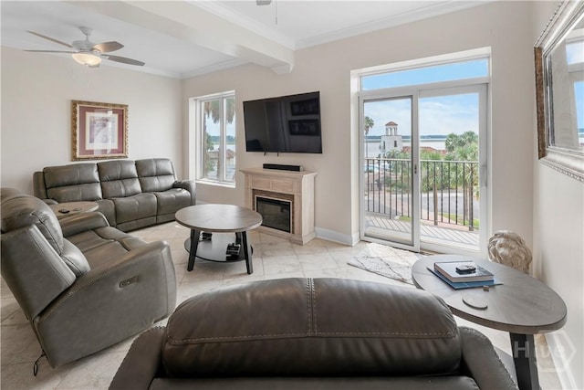 700 Wilmington Island Rd Unit 305, Savannah, GA 31410 - living room with a ceiling fan, plenty of natural light, ornamental molding, a glass covered fireplace, and baseboards