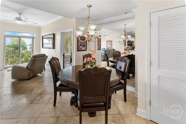 700 Wilmington Island Rd Unit 305, Savannah, GA 31410 - dining room featuring a chandelier, crown molding, ceiling fan, and baseboards