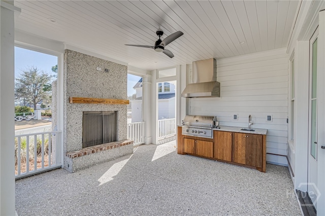 630 Ogeechee Ln, Richmond Hill, GA 31324 - view of patio / terrace featuring an outdoor brick fireplace, a ceiling fan, and a sink