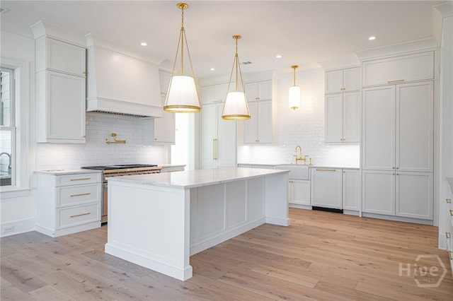 630 Ogeechee Ln, Richmond Hill, GA 31324 - kitchen featuring high end stainless steel range oven, custom range hood, backsplash, light wood-style floors, and white cabinets