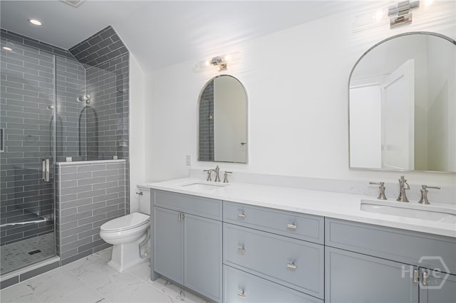 630 Ogeechee Ln, Richmond Hill, GA 31324 - full bath featuring double vanity, toilet, marble finish floors, a stall shower, and recessed lighting
