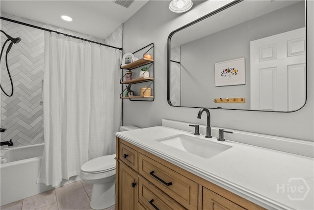 117 Myrtlewood Dr, Guyton, GA 31312 - bathroom with toilet, vanity, shower / bathtub combination with curtain, tile patterned floors, and recessed lighting