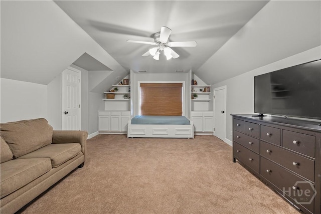 117 Myrtlewood Dr, Guyton, GA 31312 - bedroom with light colored carpet, vaulted ceiling, baseboards, and ceiling fan