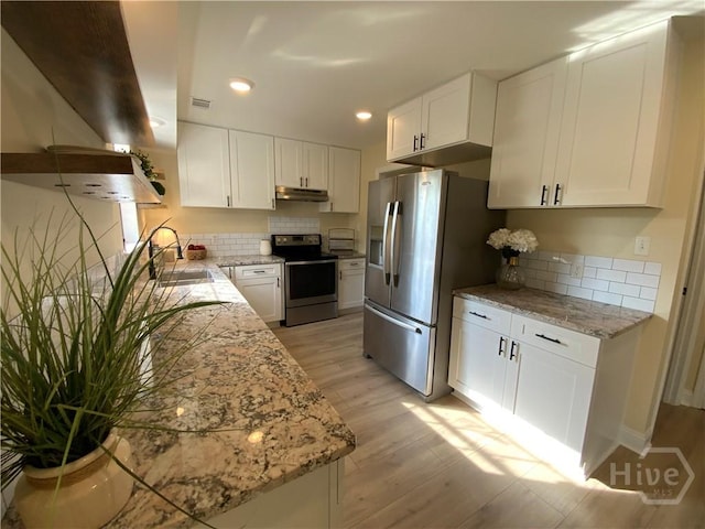 61 Port Dr, Richmond Hill, GA 31324 - kitchen with stainless steel appliances, under cabinet range hood, a sink, light wood finished floors, and white cabinetry