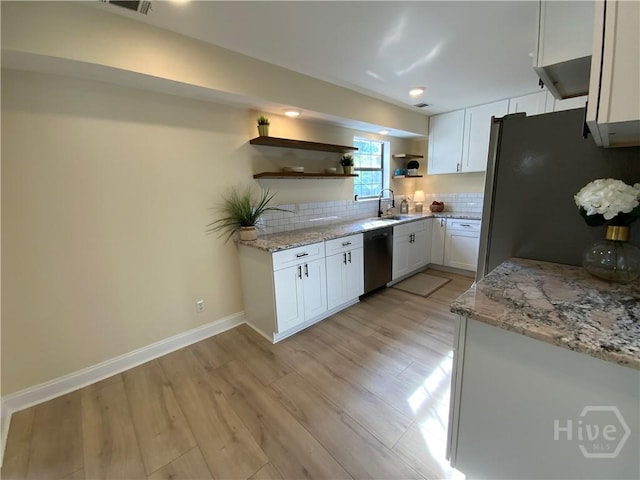 61 Port Dr, Richmond Hill, GA 31324 - kitchen featuring appliances with stainless steel finishes, open shelves, a sink, light wood-style flooring, and decorative backsplash