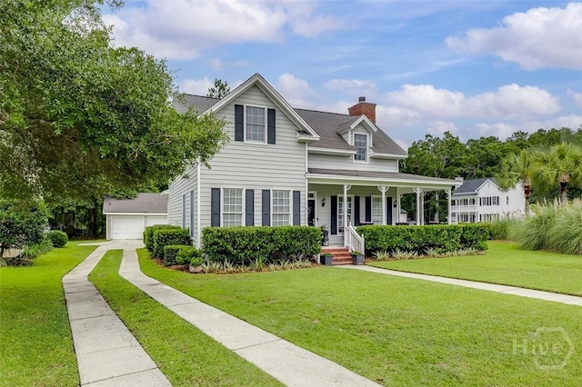 101 Sabal Ln, Savannah, GA 31405 - view of front facade featuring covered porch, a chimney, a front lawn, and a detached garage