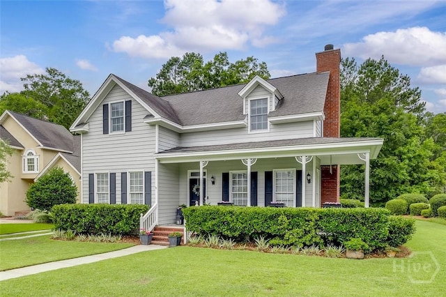 101 Sabal Ln, Savannah, GA 31405 - view of front of home featuring a chimney, covered porch, a front lawn, and a shingled roof