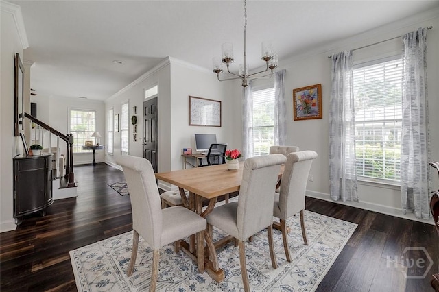 101 Sabal Ln, Savannah, GA 31405 - dining room featuring a chandelier, healthy amount of natural light, stairs, dark wood-style floors, and crown molding