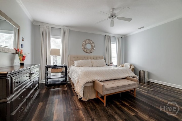 101 Sabal Ln, Savannah, GA 31405 - bedroom featuring ornamental molding, dark wood-style flooring, baseboards, and a ceiling fan
