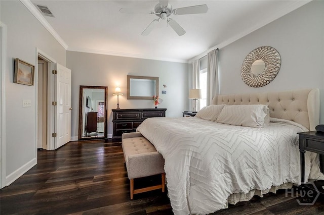 101 Sabal Ln, Savannah, GA 31405 - bedroom with ornamental molding, dark wood-style floors, baseboards, and ceiling fan