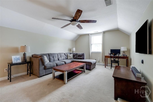 101 Sabal Ln, Savannah, GA 31405 - living room featuring lofted ceiling, light carpet, a ceiling fan, an office area, and baseboards