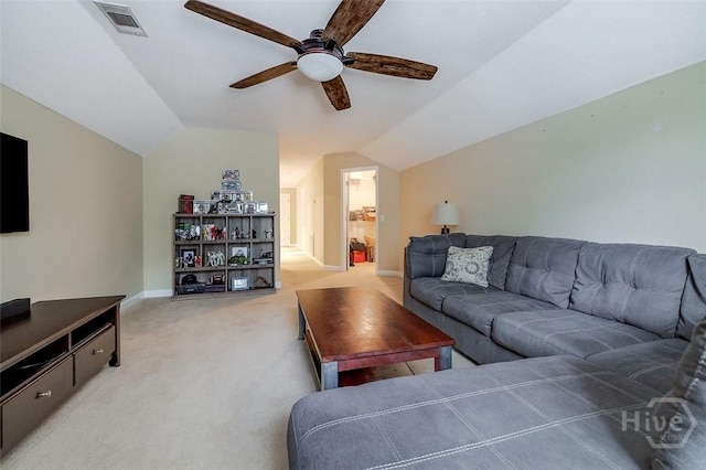 101 Sabal Ln, Savannah, GA 31405 - living room featuring ceiling fan, vaulted ceiling, baseboards, and light carpet