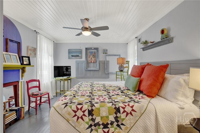 14 Bright St, Tybee Island, GA 31328 - bedroom with wood finished floors, wood ceiling, and ceiling fan