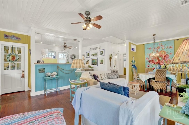 14 Bright St, Tybee Island, GA 31328 - living room featuring crown molding, ceiling fan, hardwood / wood-style floors, wood ceiling, and baseboards