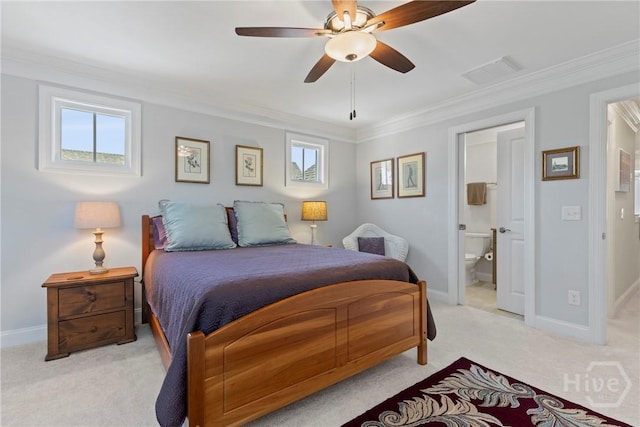 117 Quince St, Pooler, GA 31322 - bedroom featuring light carpet, crown molding, baseboards, ensuite bath, and ceiling fan