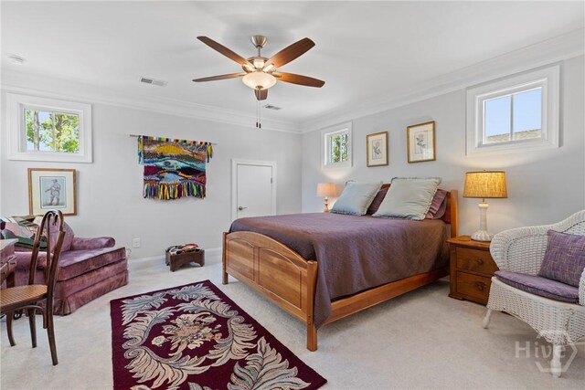 117 Quince St, Pooler, GA 31322 - bedroom with light colored carpet, ornamental molding, a ceiling fan, and baseboards