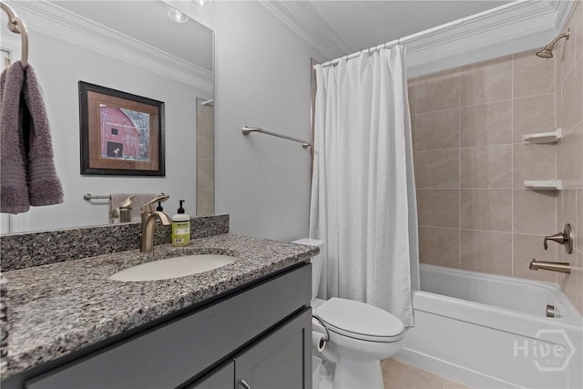 117 Quince St, Pooler, GA 31322 - full bathroom with crown molding, vanity, toilet, shower / bath combo with shower curtain, and tile patterned flooring