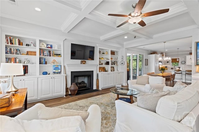 117 Quince St, Pooler, GA 31322 - living room featuring crown molding, wood finished floors, ceiling fan, coffered ceiling, and a fireplace with flush hearth