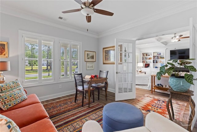 117 Quince St, Pooler, GA 31322 - living room with ceiling fan, baseboards, wood finished floors, and crown molding