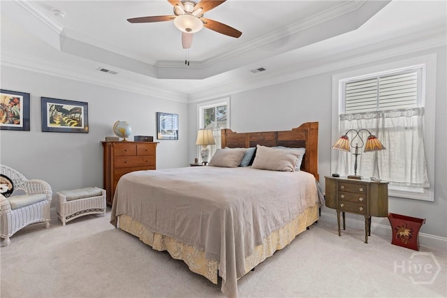 117 Quince St, Pooler, GA 31322 - carpeted bedroom featuring crown molding, a tray ceiling, and a ceiling fan