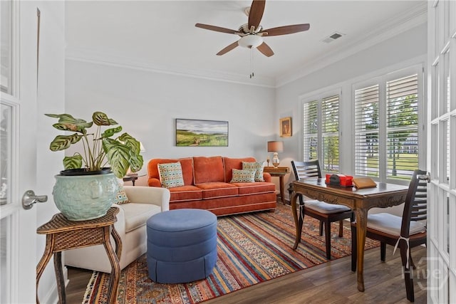 117 Quince St, Pooler, GA 31322 - living room featuring crown molding, wood finished floors, and ceiling fan