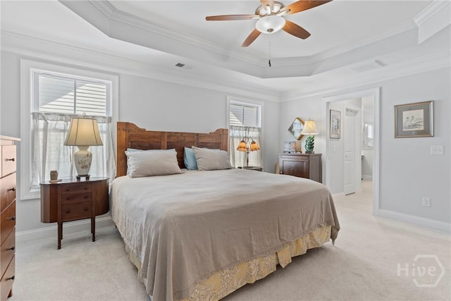 117 Quince St, Pooler, GA 31322 - bedroom with light colored carpet, a tray ceiling, crown molding, baseboards, and a ceiling fan