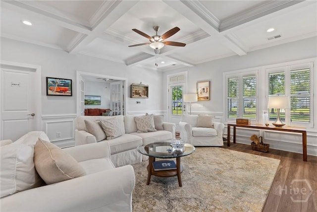 117 Quince St, Pooler, GA 31322 - living room featuring coffered ceiling, a ceiling fan, beam ceiling, wood finished floors, and recessed lighting
