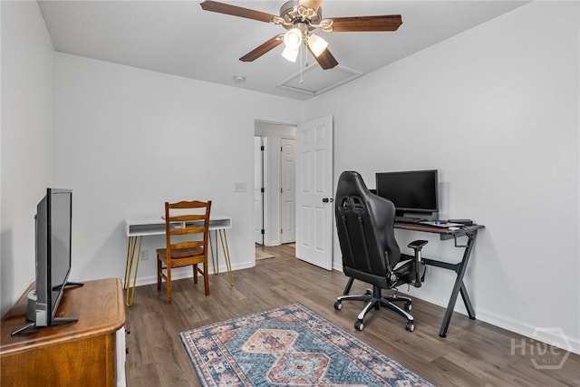 231 Tigers Paw Dr, Pooler, GA 31322 - office space featuring a ceiling fan, wood finished floors, baseboards, and attic access