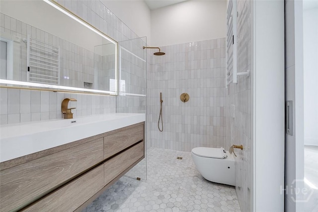 316 W 38th St, Savannah, GA 31401 - full bathroom with a walk in shower, toilet, vanity, tile patterned floors, and tile walls